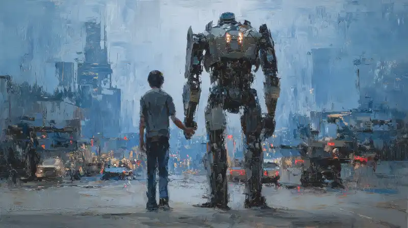 A child holding hands with a robot facing a futuristic city