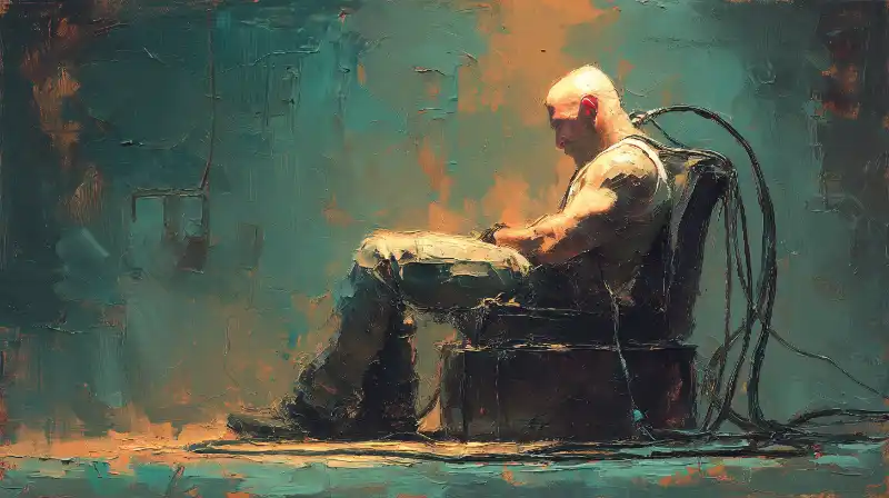 A human plugged into his home server