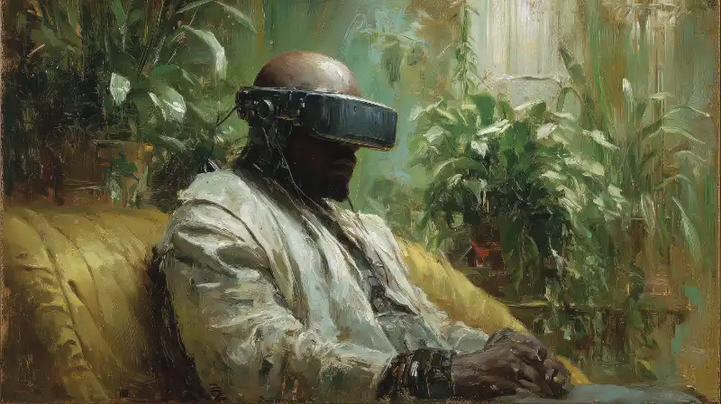 A man in VR goggles — the upload fantasy