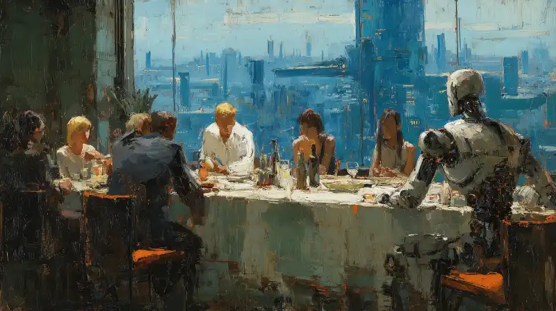 A group of humans and robots enjoying dinner together