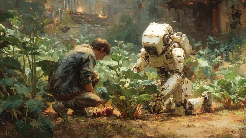 Human and robot working in a vegetable patch with futuristic city backdrop