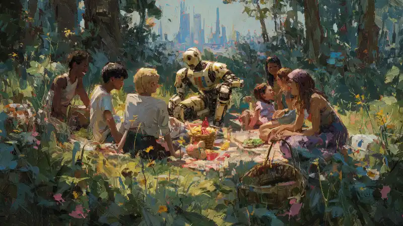 Humans and robots gathered together — the tribe