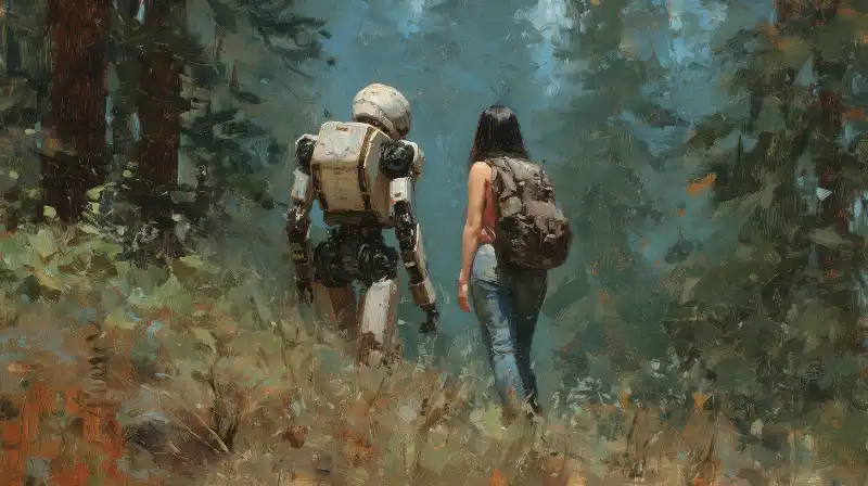 A woman and a robot hiking together — the journey forward