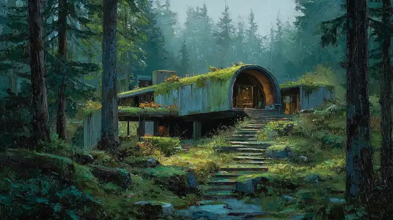 A techno-organic dwelling integrated into the forest — the architecture of cooperation